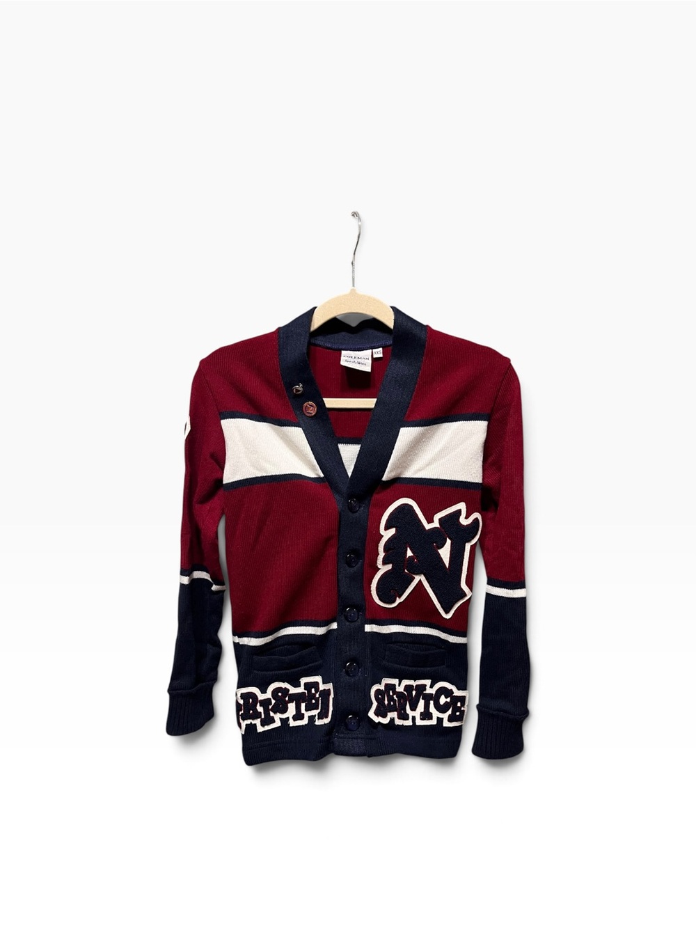 Vtg Coleman Varsity Knit Cardigan Sweater Patch Red Blue White XXS Prep